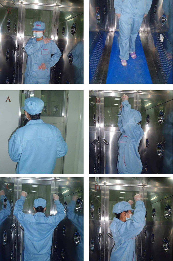 進入風淋室前無塵服應(yīng)穿著得當，袖口和領(lǐng)口需拉緊，避免衣物內(nèi)外的塵埃進入。